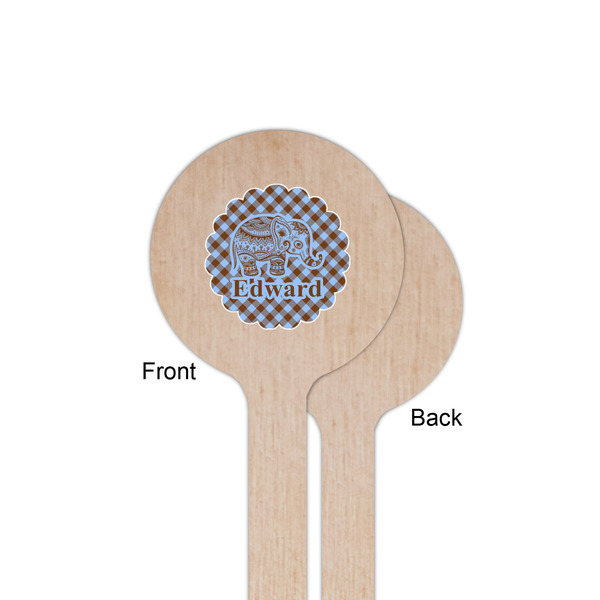 Gingham & Elephants Wooden 6" Stir Stick - Round - Single Sided - Front & Back