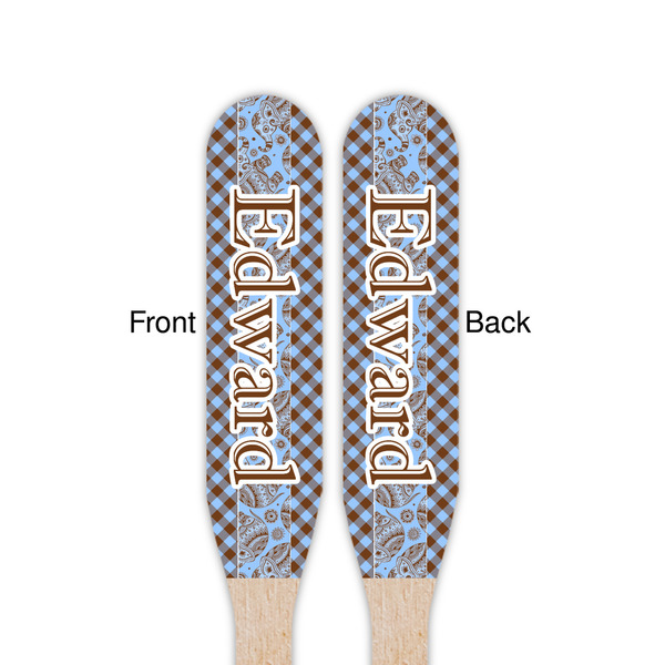 Gingham & Elephants Wooden Food Pick - Paddle - Double Sided - Front & Back