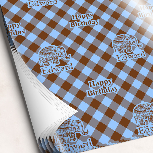 Custom Gingham & Elephants Wrapping Paper Sheets (Personalized)