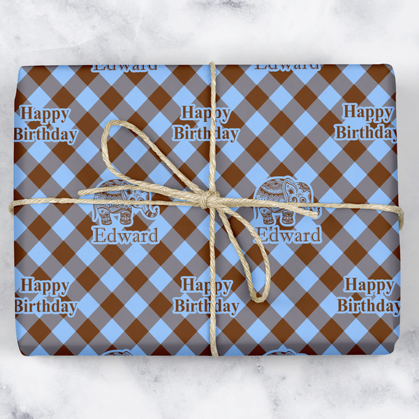 Custom Gingham & Elephants Wrapping Paper (Personalized)