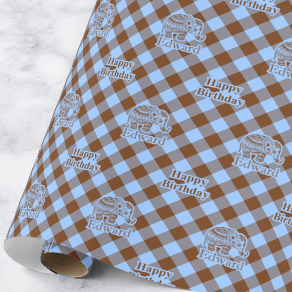 Custom Gingham & Elephants Wrapping Paper Roll - Large (Personalized)