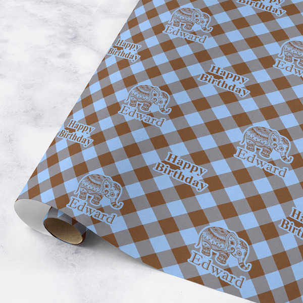 Custom Gingham & Elephants Wrapping Paper Roll - Medium - Matte (Personalized)