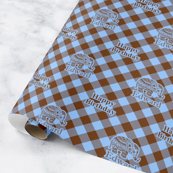 Custom Gingham & Elephants Wrapping Paper Roll - Small (Personalized)