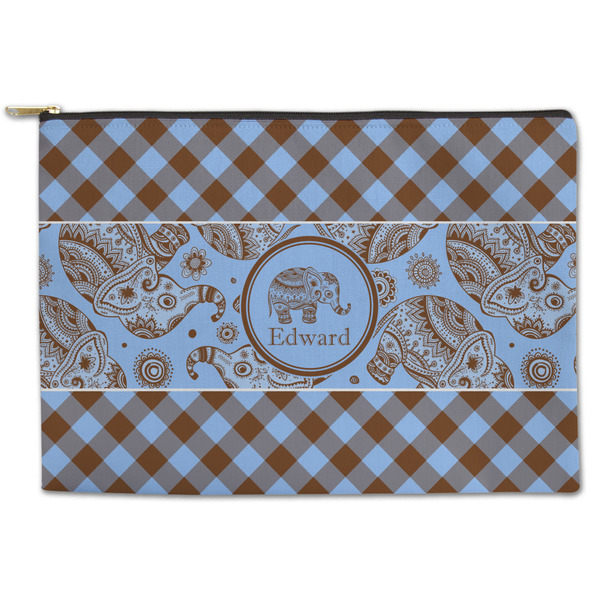Custom Gingham & Elephants Zipper Pouch - Large - 12.5"x8.5" (Personalized)