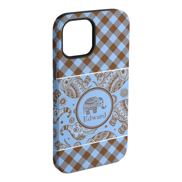 Custom Gingham & Elephants iPhone Case - Rubber Lined - iPhone 15 Plus (Personalized)