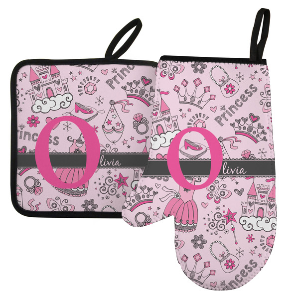 Custom Princess Left Oven Mitt & Pot Holder Set w/ Name and Initial