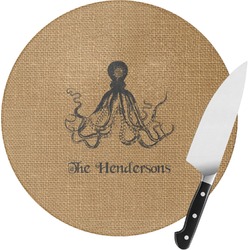 Octopus & Burlap Print Round Glass Cutting Board - Small (Personalized)
