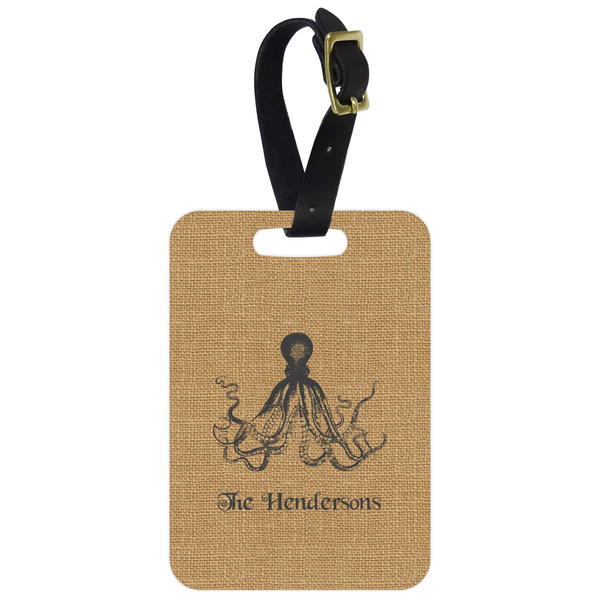 Custom Octopus & Burlap Print Metal Luggage Tag w/ Name or Text