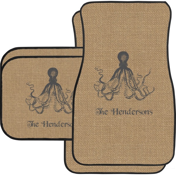 Custom Octopus & Burlap Print Car Floor Mats Set - 2 Front & 2 Back (Personalized)