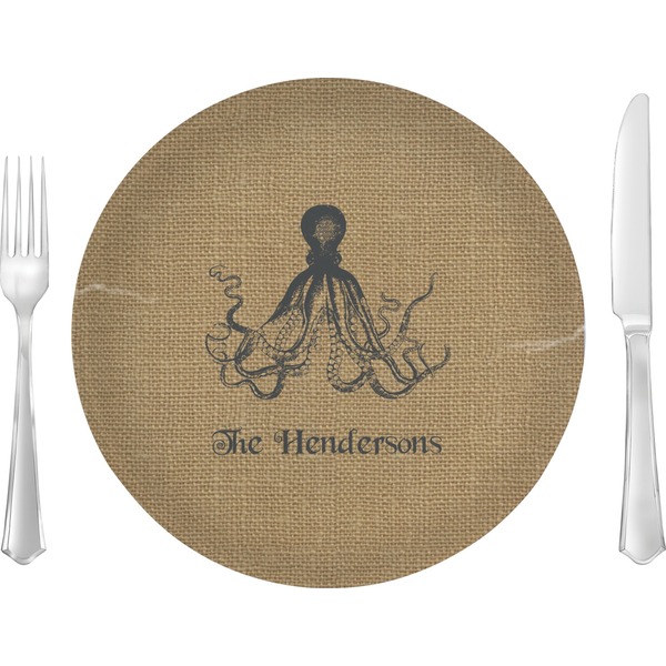 Custom Octopus & Burlap Print 10" Glass Lunch / Dinner Plates - Single or Set (Personalized)