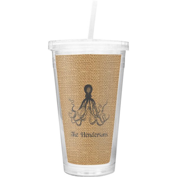 Custom Octopus & Burlap Print Double Wall Tumbler with Straw (Personalized)