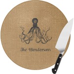 Octopus & Burlap Print Round Glass Cutting Board (Personalized)