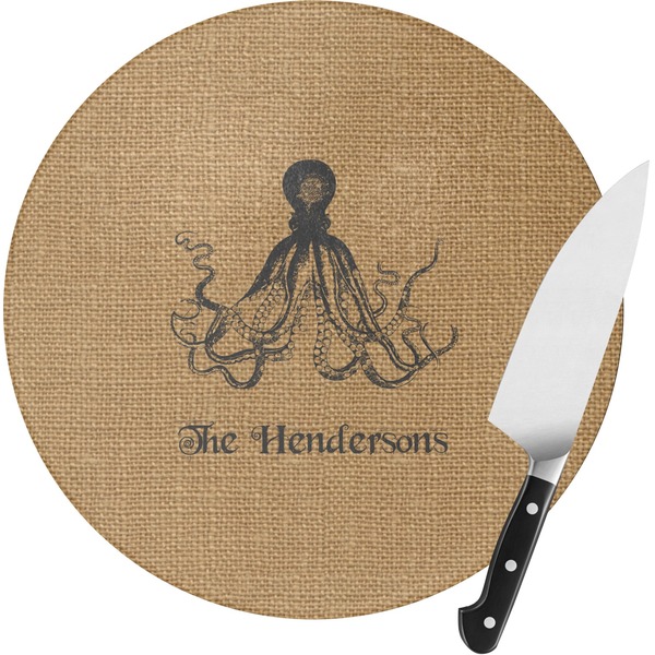 Custom Octopus & Burlap Print Round Glass Cutting Board (Personalized)