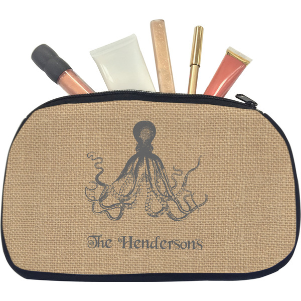 Custom Octopus & Burlap Print Makeup / Cosmetic Bag - Medium (Personalized)