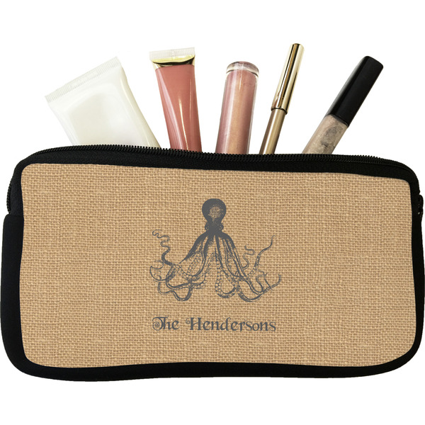 Custom Octopus & Burlap Print Makeup / Cosmetic Bag - Small (Personalized)