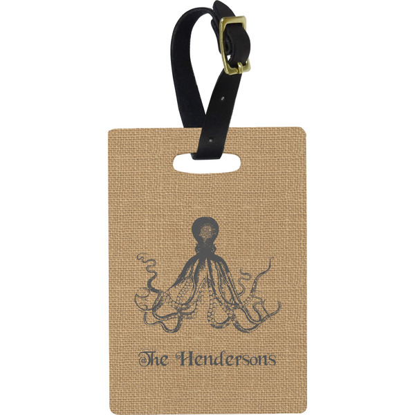 Custom Octopus & Burlap Print Plastic Luggage Tag - Rectangular w/ Name or Text