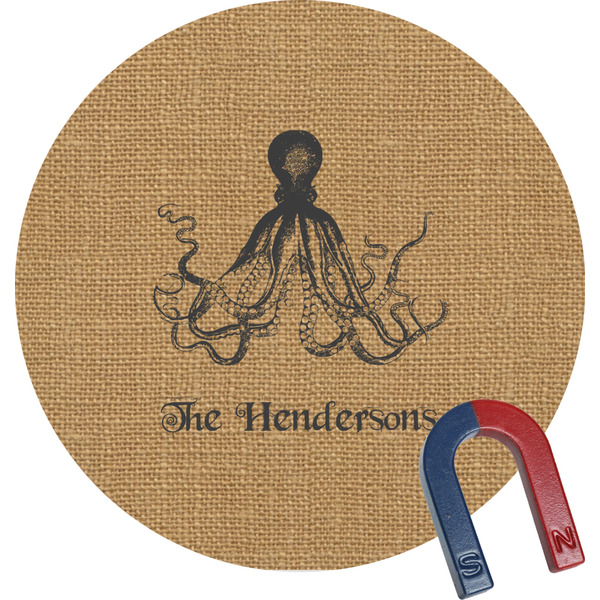 Custom Octopus & Burlap Print Round Fridge Magnet (Personalized)