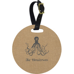 Octopus & Burlap Print Plastic Luggage Tag - Round (Personalized)
