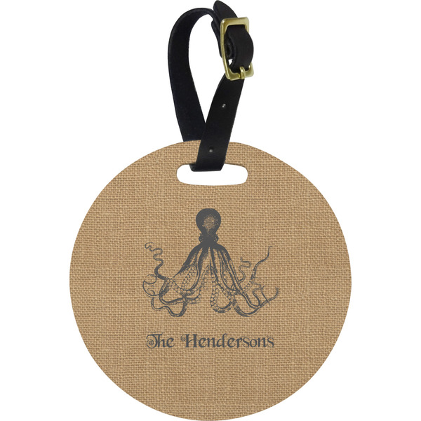 Custom Octopus & Burlap Print Plastic Luggage Tag - Round (Personalized)