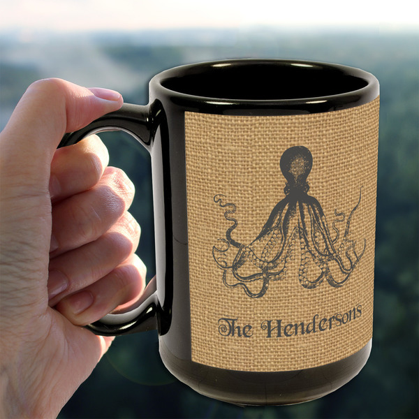 Octopus & Burlap Print 15oz. Black Mug - LIFESTYLE