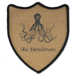 Octopus & Burlap Print Iron On Shield Patch B w/ Name or Text