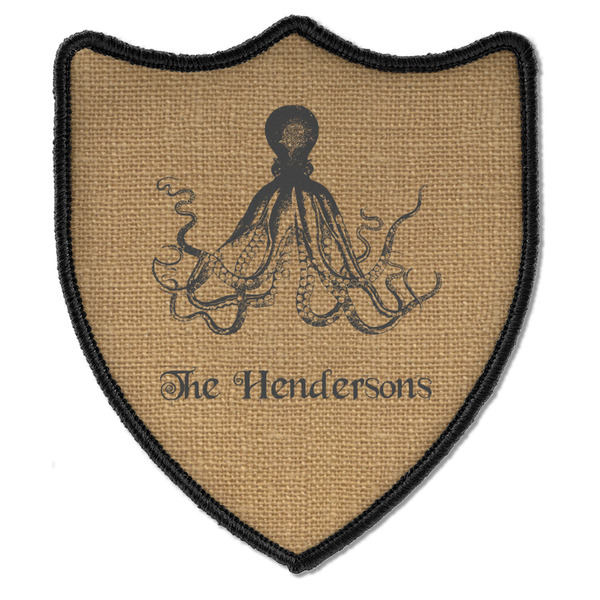Custom Octopus & Burlap Print Iron On Shield Patch B w/ Name or Text