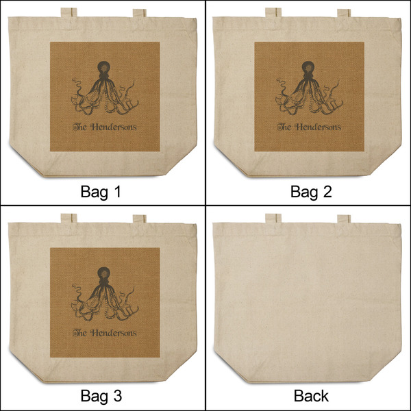 Octopus & Burlap Print 3 Reusable Cotton Grocery Bags - Front & Back View