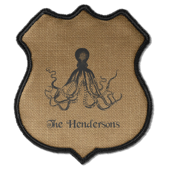 Custom Octopus & Burlap Print Iron On Shield Patch C w/ Name or Text
