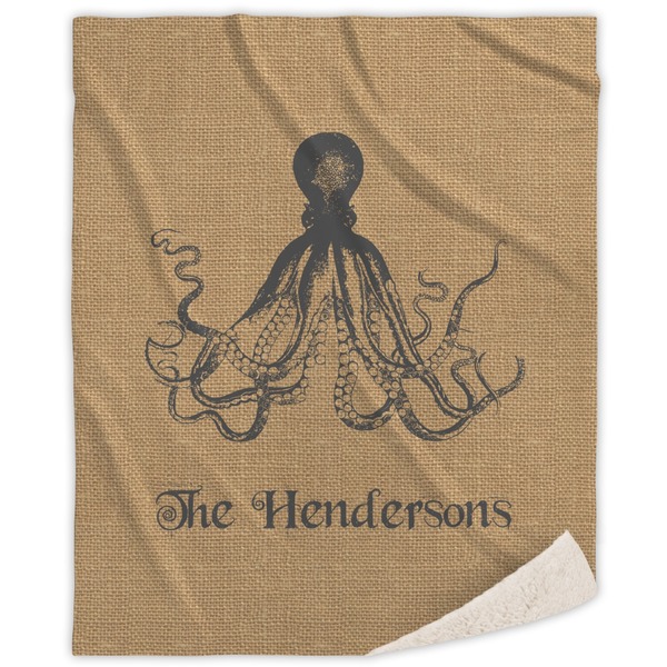 Custom Octopus & Burlap Print Sherpa Throw Blanket - 60"x80" (Personalized)