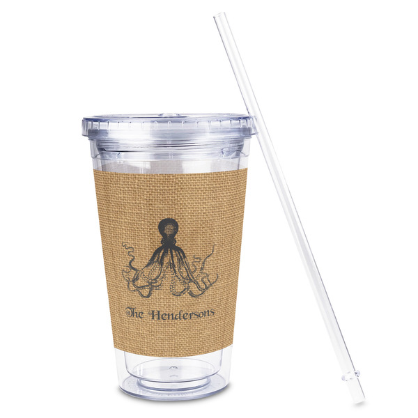Octopus & Burlap Print Acrylic Tumbler - Full Print - Front straw out