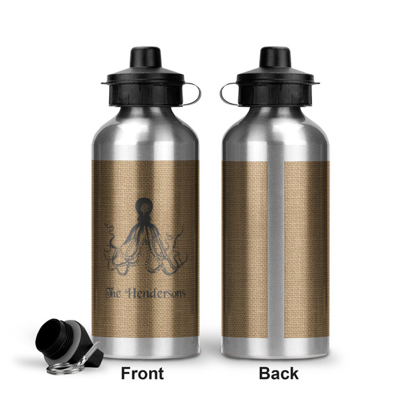 Octopus & Burlap Print Aluminum Water Bottle - Front and Back
