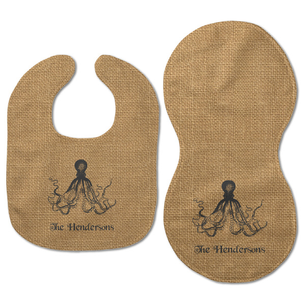 Octopus & Burlap Print Baby Bib & Burp Set - Approval (new bib & burp)