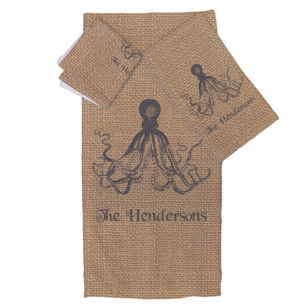 Custom Octopus & Burlap Print Bath Towel Set - 3 Pcs (Personalized)