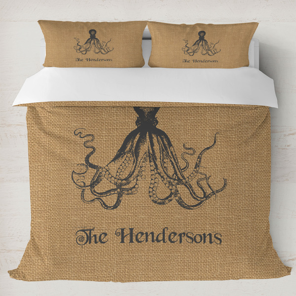 Custom Octopus & Burlap Print Duvet Cover Set - King (Personalized)