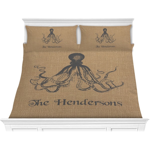 Custom Octopus & Burlap Print Comforter Set - King (Personalized)