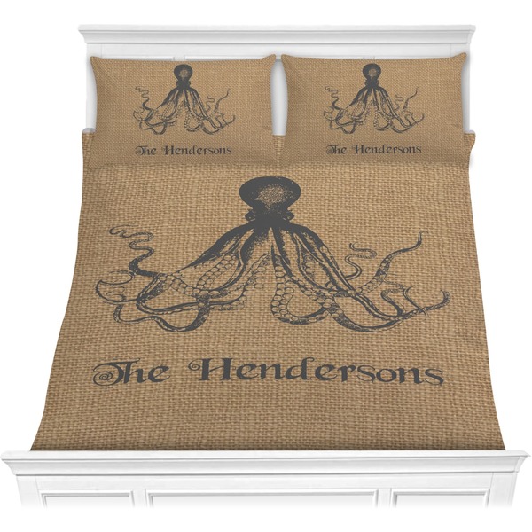 Custom Octopus & Burlap Print Comforter Set - Full / Queen (Personalized)