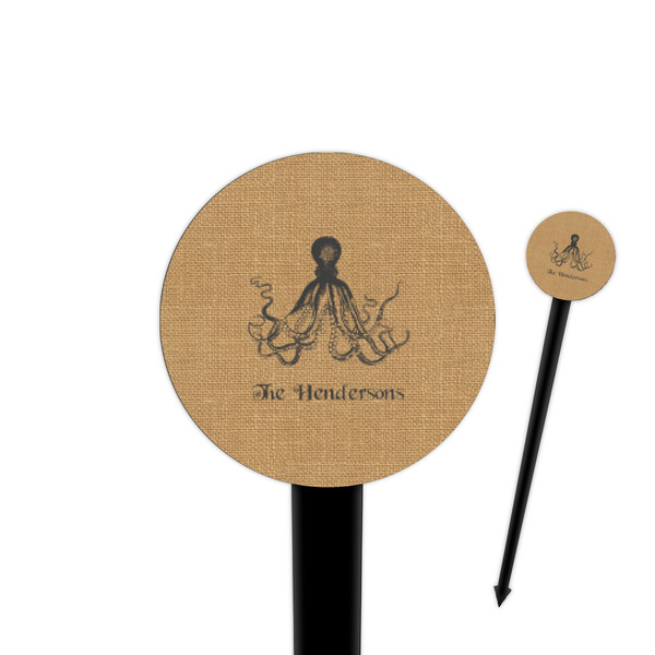 Custom Octopus & Burlap Print 4" Round Plastic Food Picks - Black - Single Sided (Personalized)