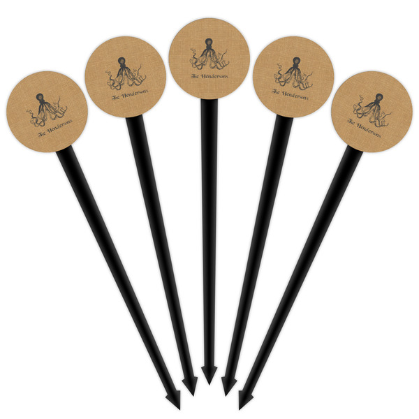 Octopus & Burlap Print Black Plastic 4" Food Pick - Round - Fan View