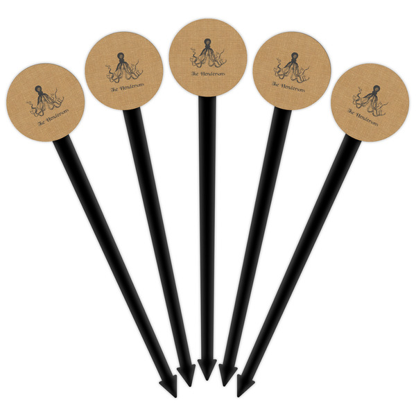 Octopus & Burlap Print Black Plastic 6" Food Pick - Round - Fan View