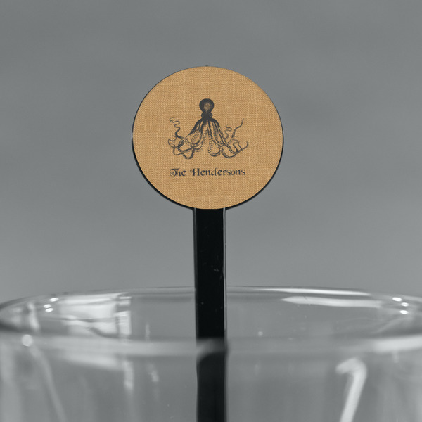 Octopus & Burlap Print Black Plastic 7" Stir Stick - Round - Main