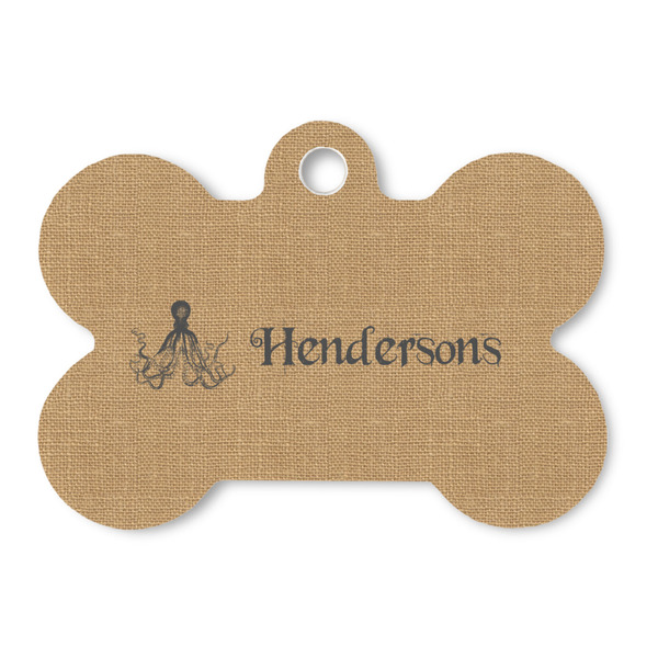 Custom Octopus & Burlap Print Bone Shaped Dog ID Tag - Large (Personalized)