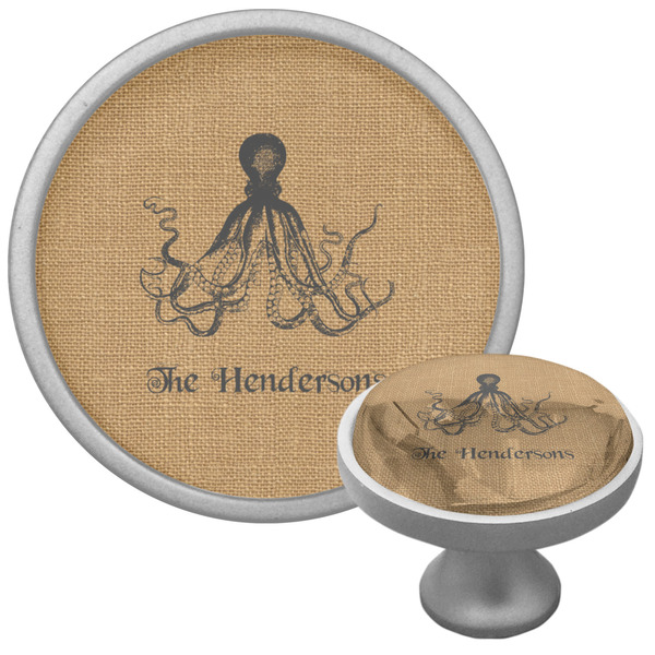 Custom Octopus & Burlap Print Cabinet Knob (Silver) (Personalized)