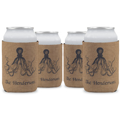Octopus & Burlap Print Can Cooler (12 oz) - Set of 4 w/ Name or Text