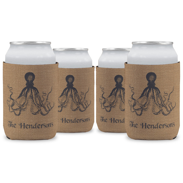 Custom Octopus & Burlap Print Can Cooler (12 oz) - Set of 4 w/ Name or Text
