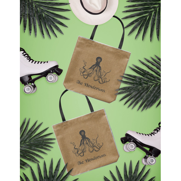 Octopus & Burlap Print Canvas Tote Lifestyle Front and Back- 13x13