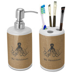 Octopus & Burlap Print Ceramic Bathroom Accessories Set (Personalized)