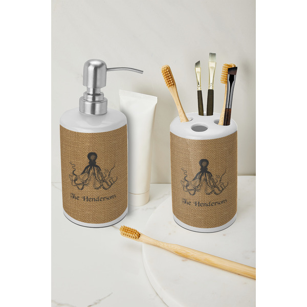 Octopus & Burlap Print Ceramic Bathroom Accessories - LIFESTYLE (toothbrush holder & soap dispenser)
