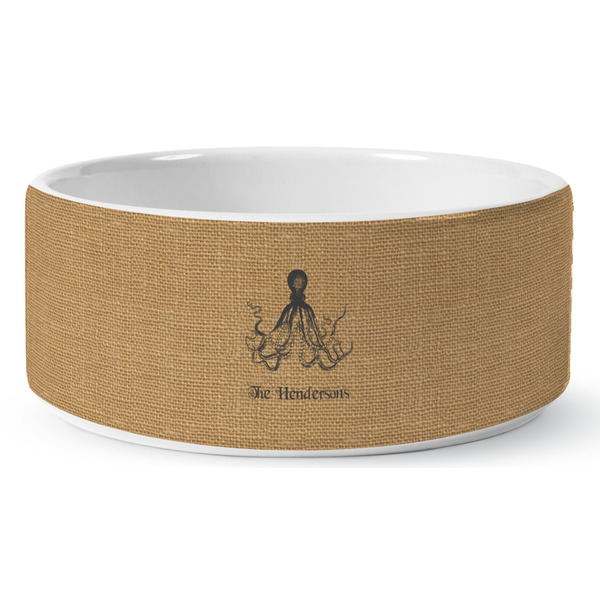 Octopus & Burlap Print Ceramic Dog Bowl - Medium - Front