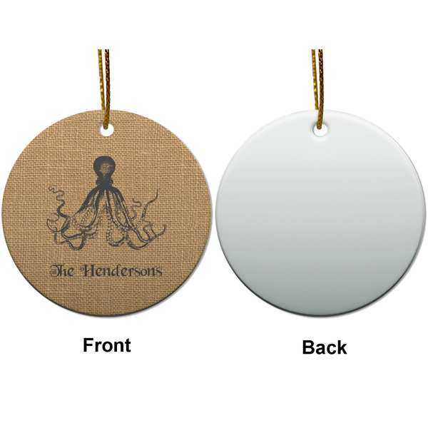 Octopus & Burlap Print Ceramic Flat Ornament - Circle Front & Back (APPROVAL)