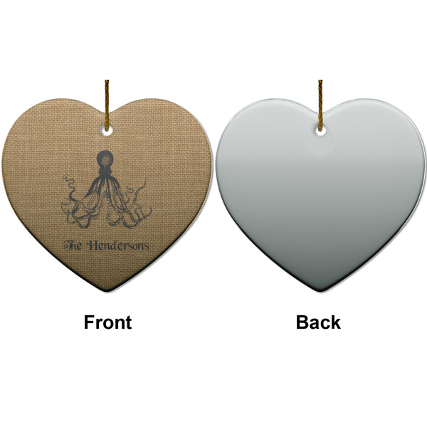Octopus & Burlap Print Ceramic Flat Ornament - Heart Front & Back (APPROVAL)